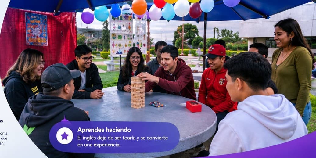 Un grupo de alumnos alrededor de una mesa jugando Jenga durante una actividad en inglés